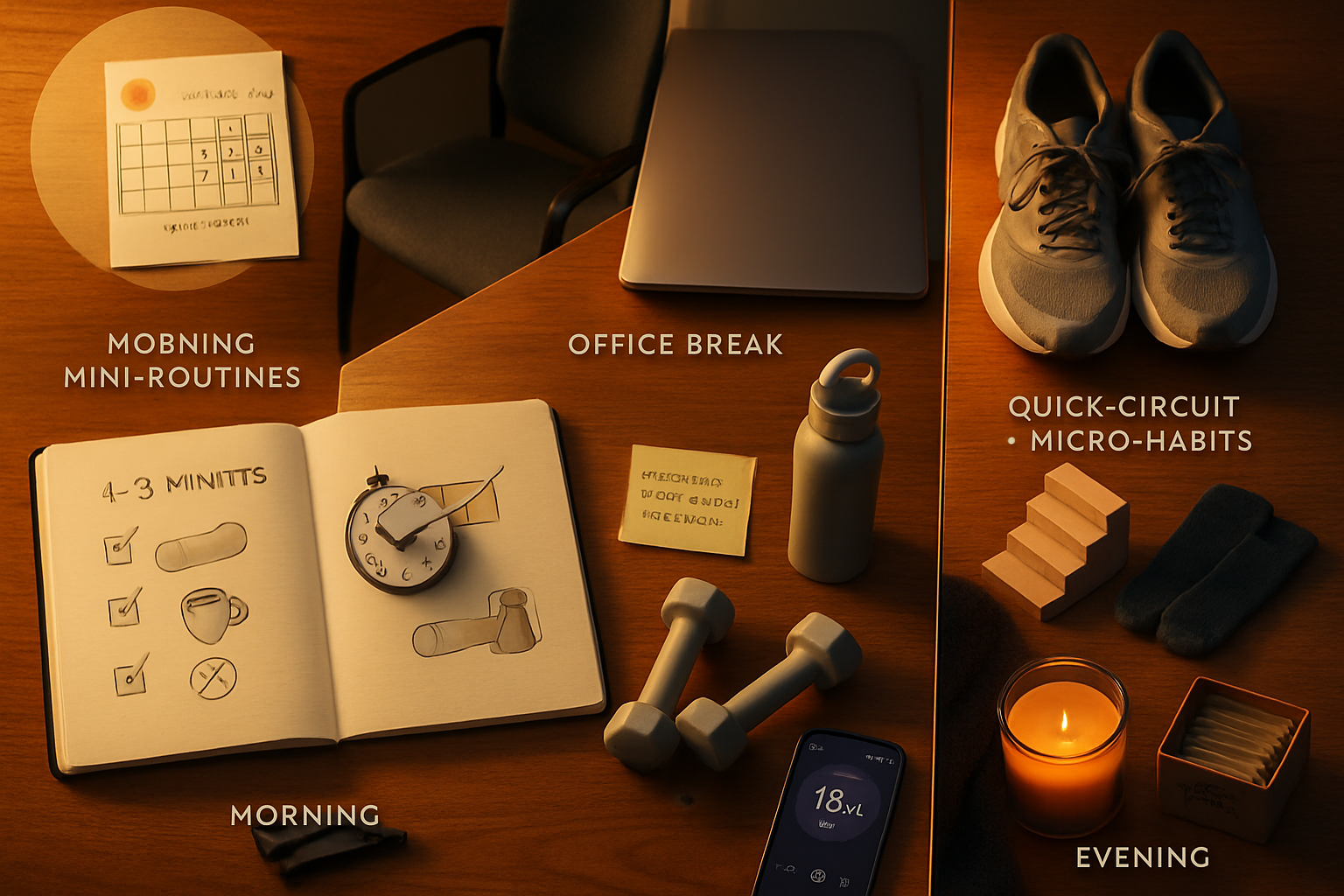 Fotorealistisk flatlay af et sektioneret skrivebord med seks mini-rutiner, kærlig tekstur, lys fra morgen til aften.