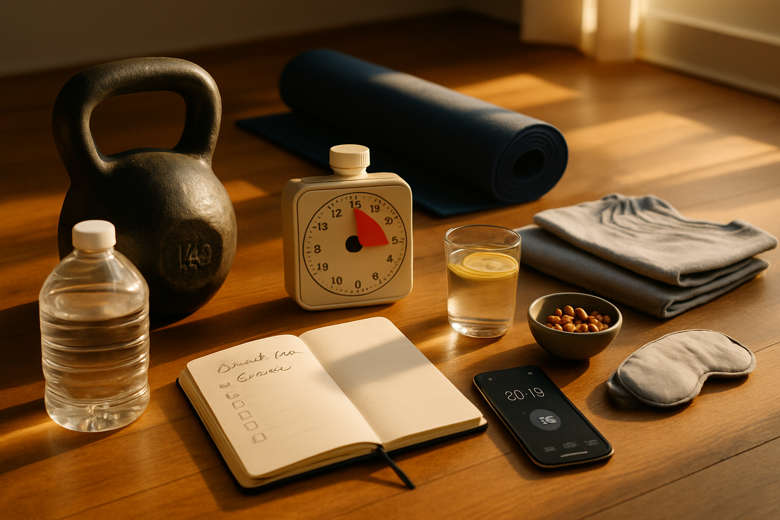 Foto af hjemmetræningsopstilling i morgenlys: kettlebell, vanddunk, yogamåtte, 20-minut timer og åben notesbog med 6-ugers plan, telefon med træningstimer-app skærm.
