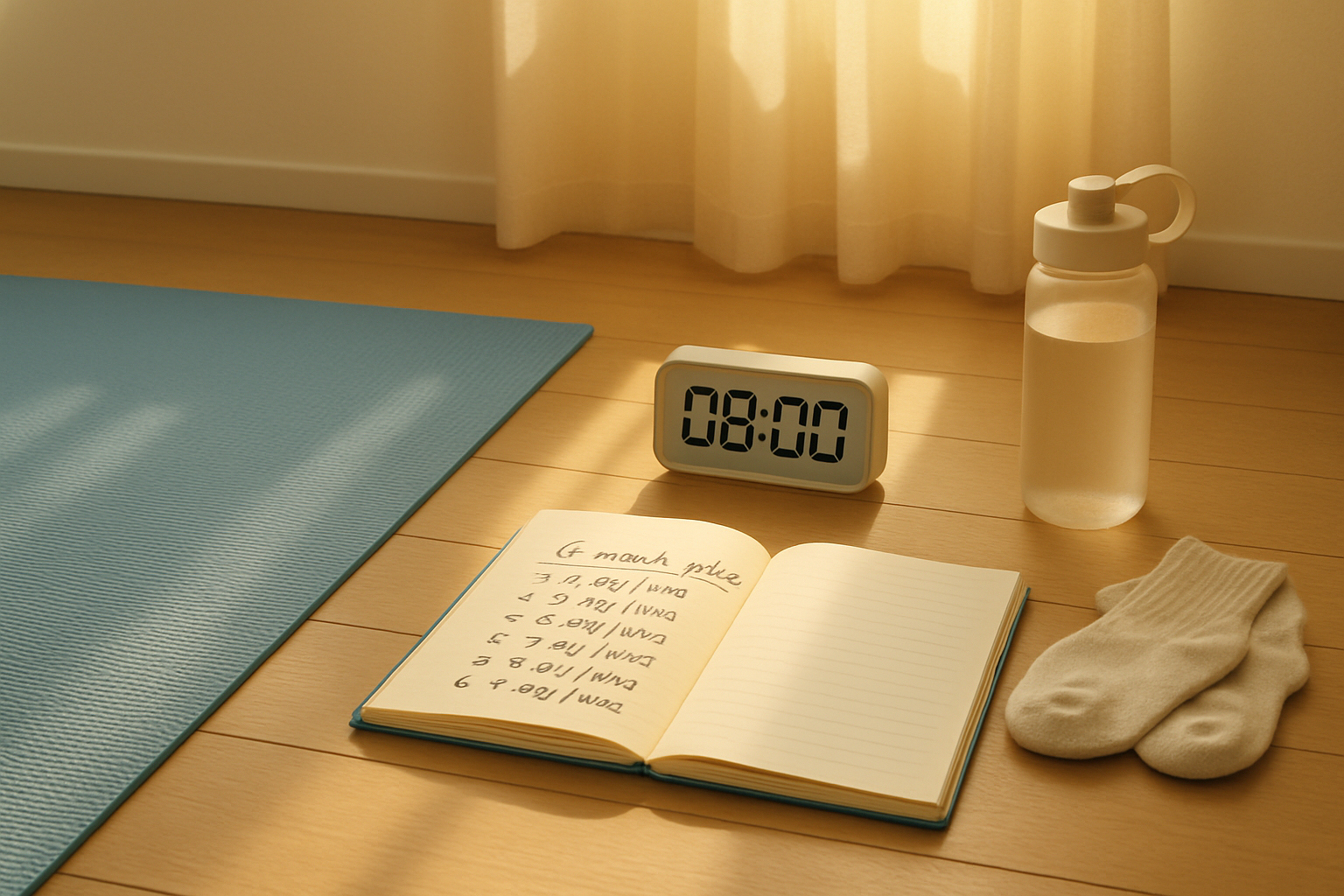 Fotorealistisk morgenrutine: rullemåtte på trægulv, stopur 08:00, åben notesbog '6-ugers plan' med korte punkter, sokker og vandflaske ved siden.