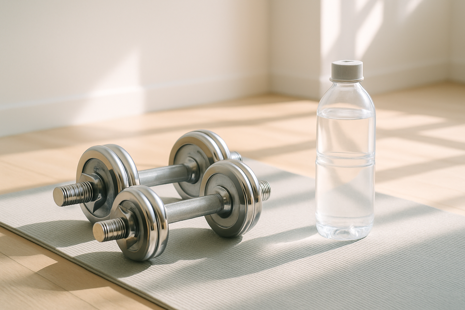 Et par håndvægte og en vandflaske ligger på en træningsmåtte i sollys, hvilket skaber en indbydende og afslappet atmosfære.