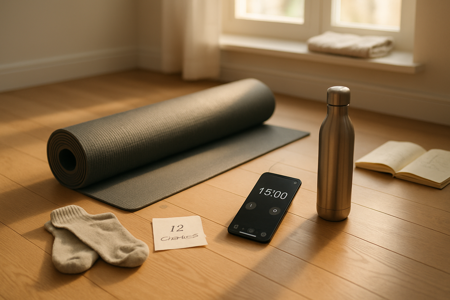 Fotorealistisk morgenlys belyser et lyst minimalistisk træningshjørne uden mennesker med yogamåtte, vandflaske, smartphone og notits med '12 øvelser'.