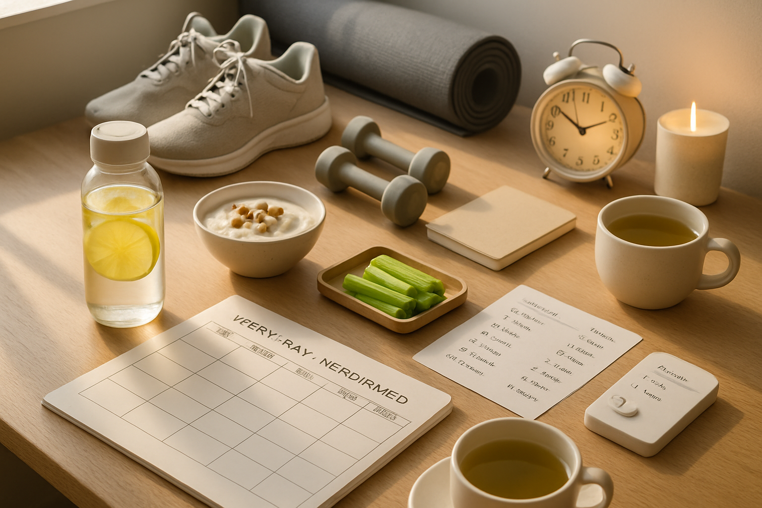 Billede af lyst morgenbord med åben ugeplan Ugeplan – micro-vaner og gennemsigtig vandflaske med citron i forgrunden.
