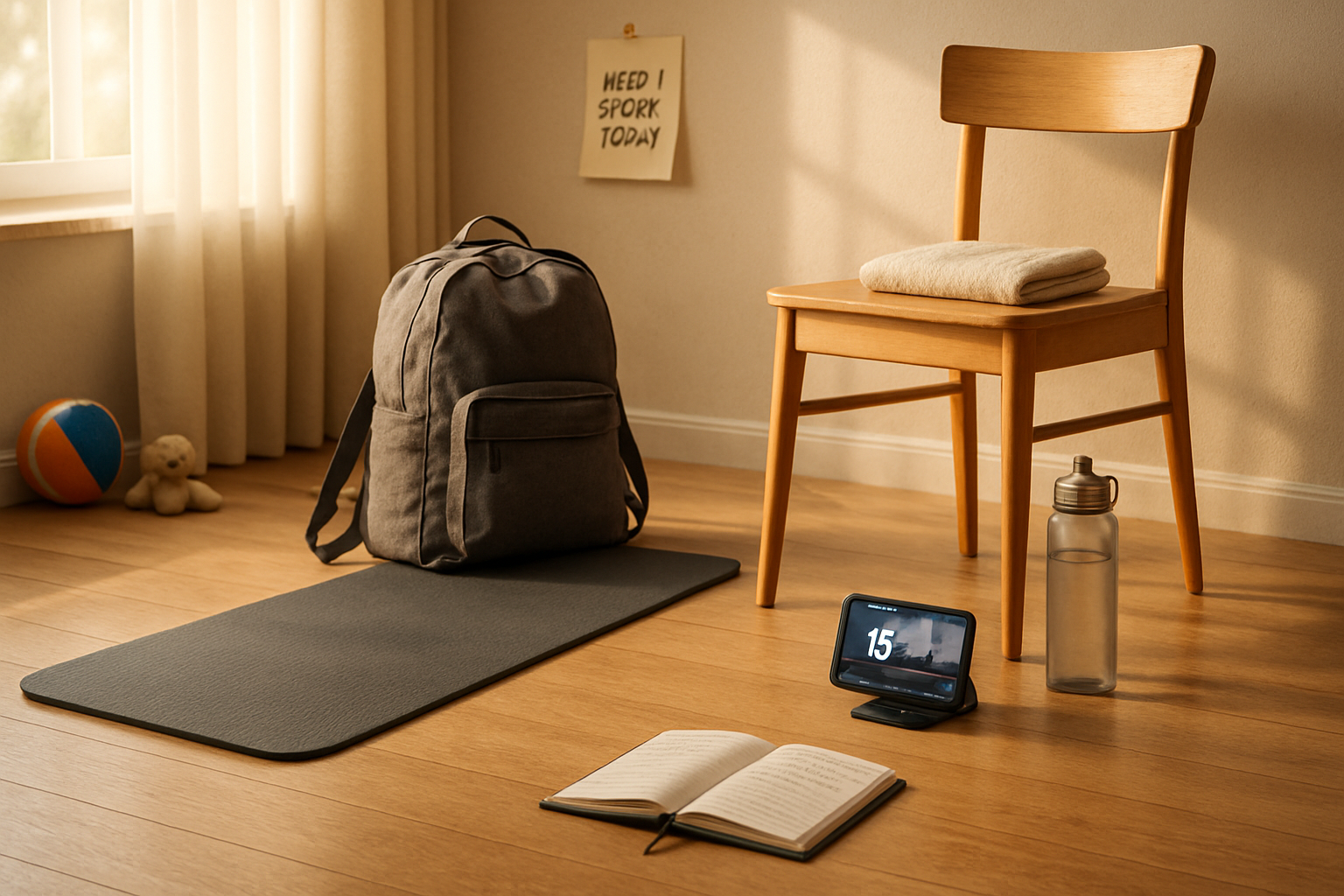Billede af hjemmetræningshjørne med måtte, rygsæk, stol og vandflaske, notesbog med 15–25 min rutine, Uge 1–4 og pausevideo.