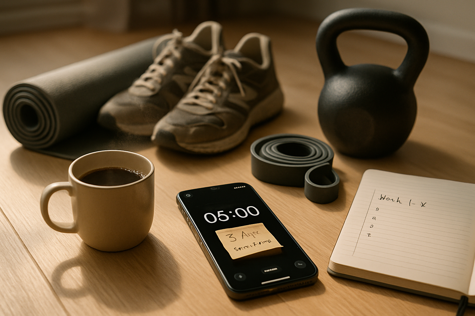 Billede af minimalistisk hjemmekontorstuehjørne med rullet træningsmåtte, sneakers, kettlebell, kaffekop og telefon med nedtælling 05:00.