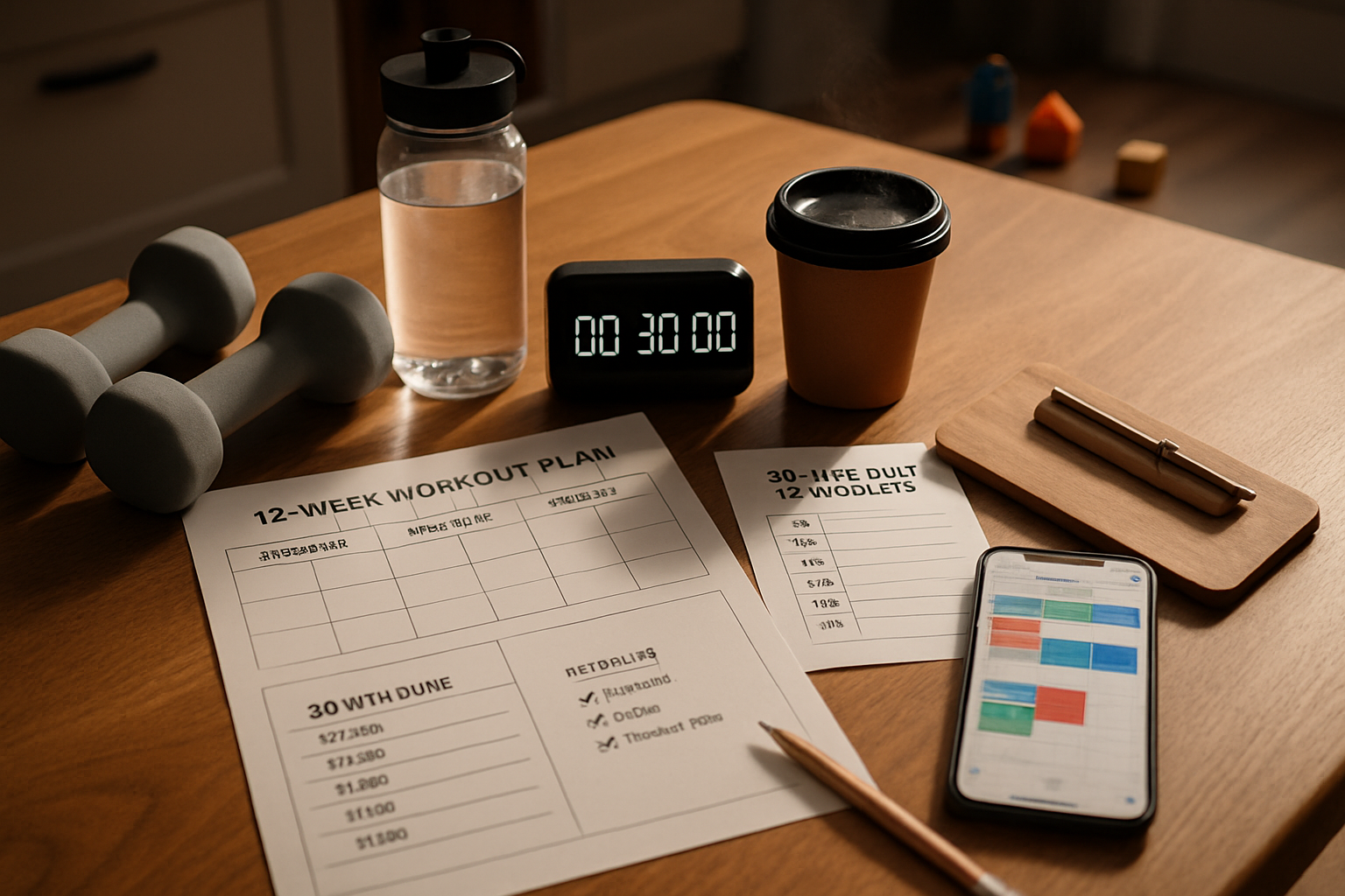 Fotorealistisk close-up af ryddeligt hjemme-træningshjørne på køkkenbordet med tidsplan, stopur, vandflaske, håndvægte, notesblok og kaffe.