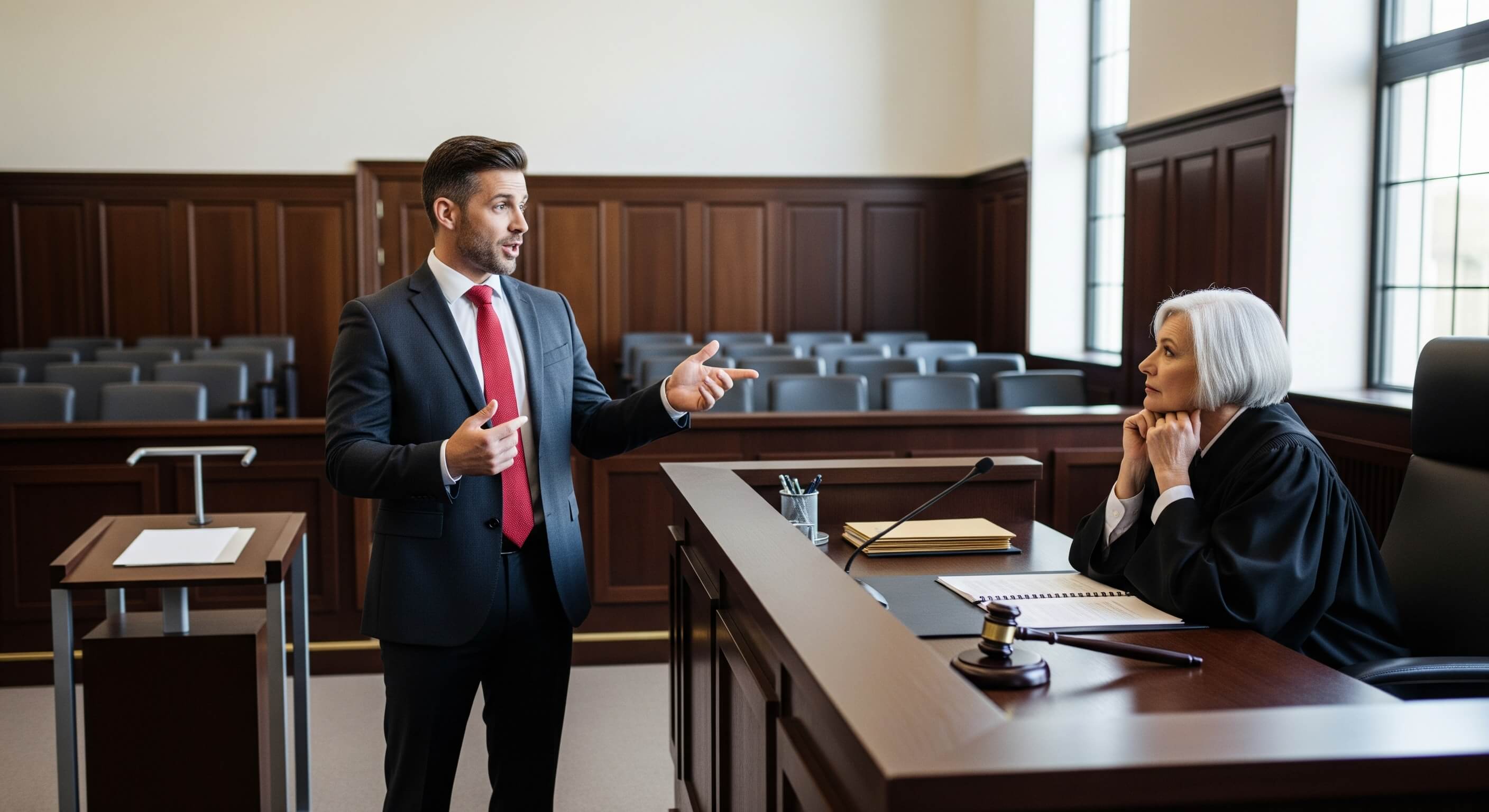 forsvarsadvokat fremlægger sin sag i retten