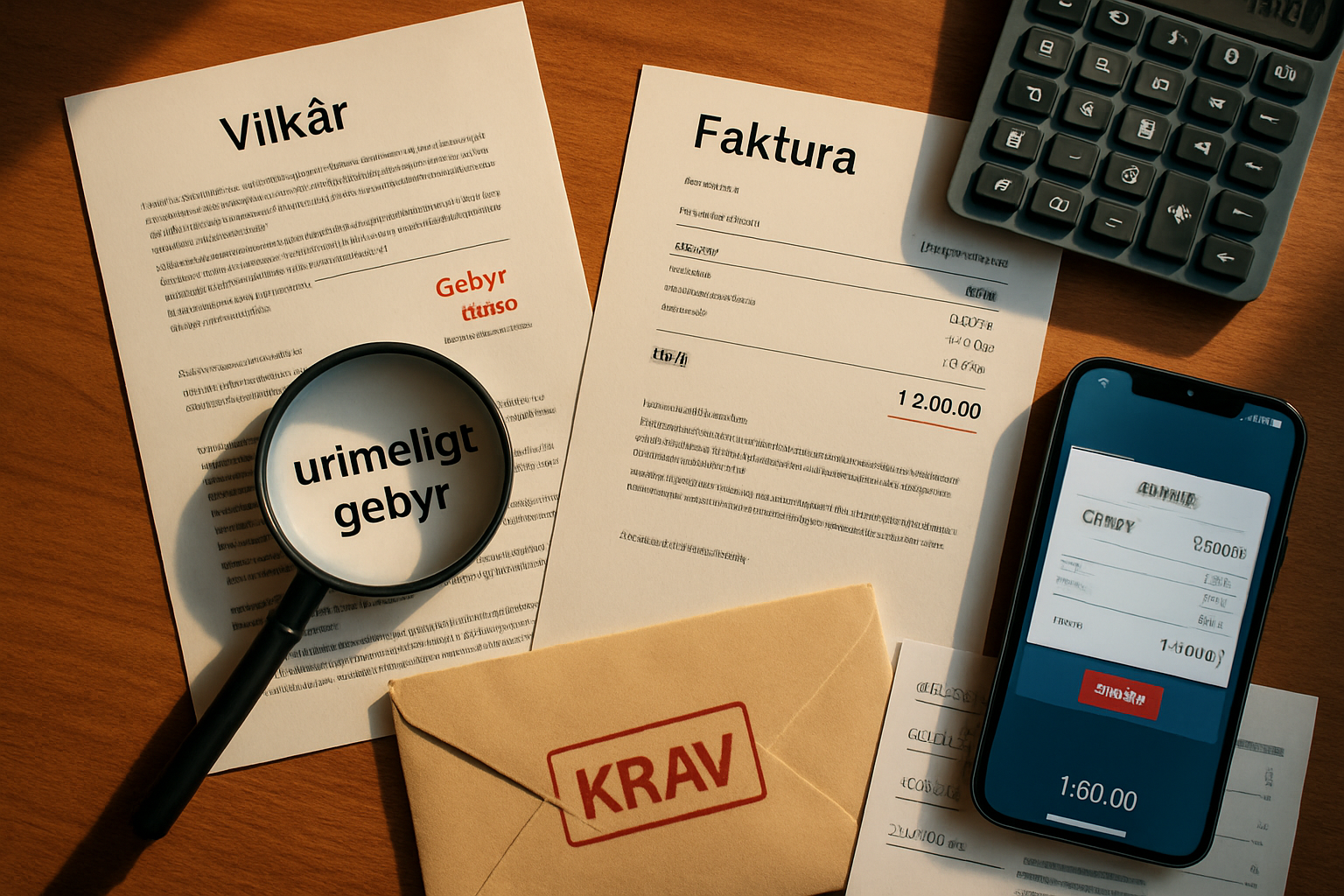 Top-down foto af skrivebord i varmt træ med kontrakter, faktura, røde gebyrmarkeringer, telefon og KRAV-stempel