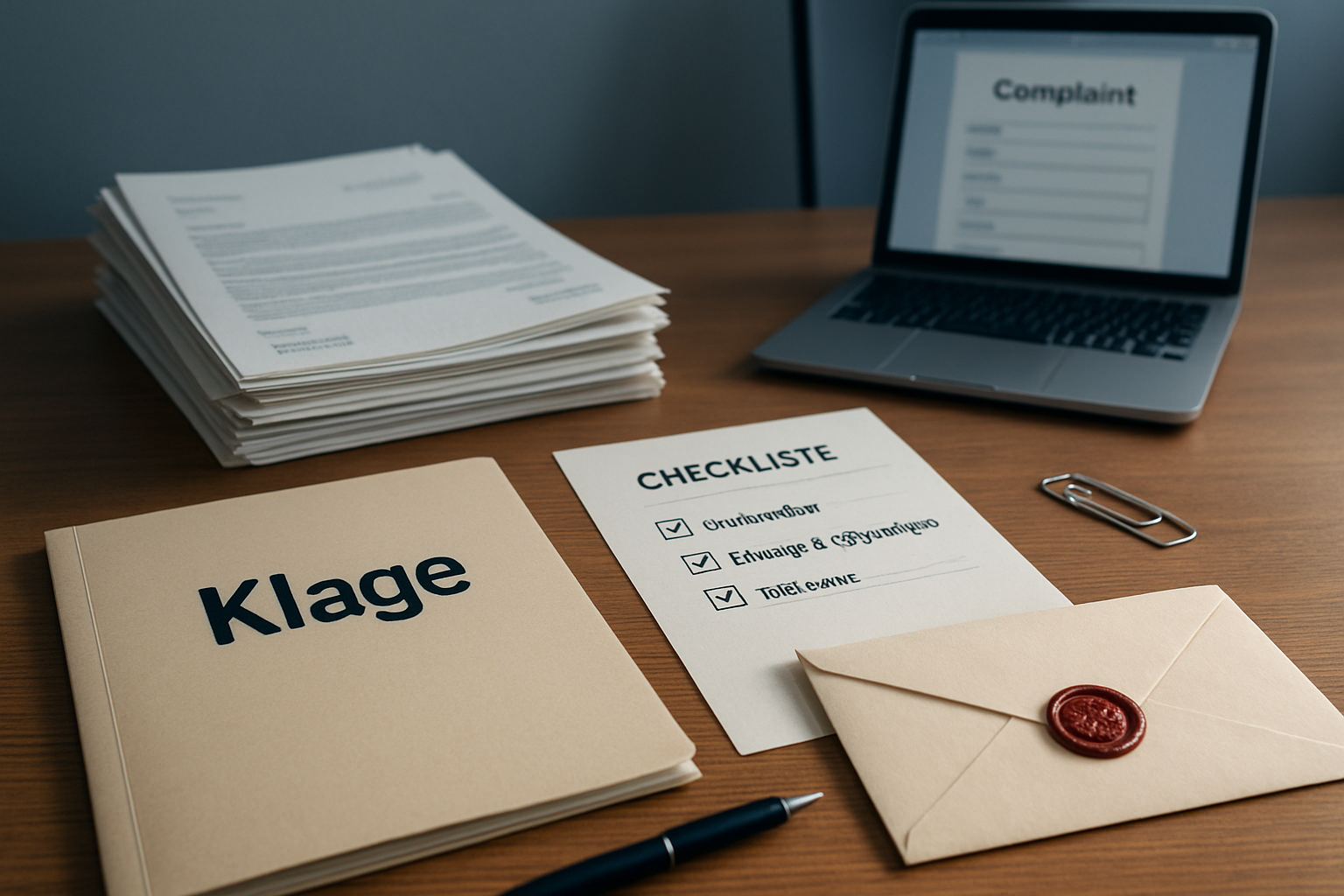 Fotorealistisk skrivebord med åben mappe "Klage", stakke af dokumenter, tjekliste, konvolutmærke, pen, sløret laptop i baggrunden, neutralt bagtæppe.