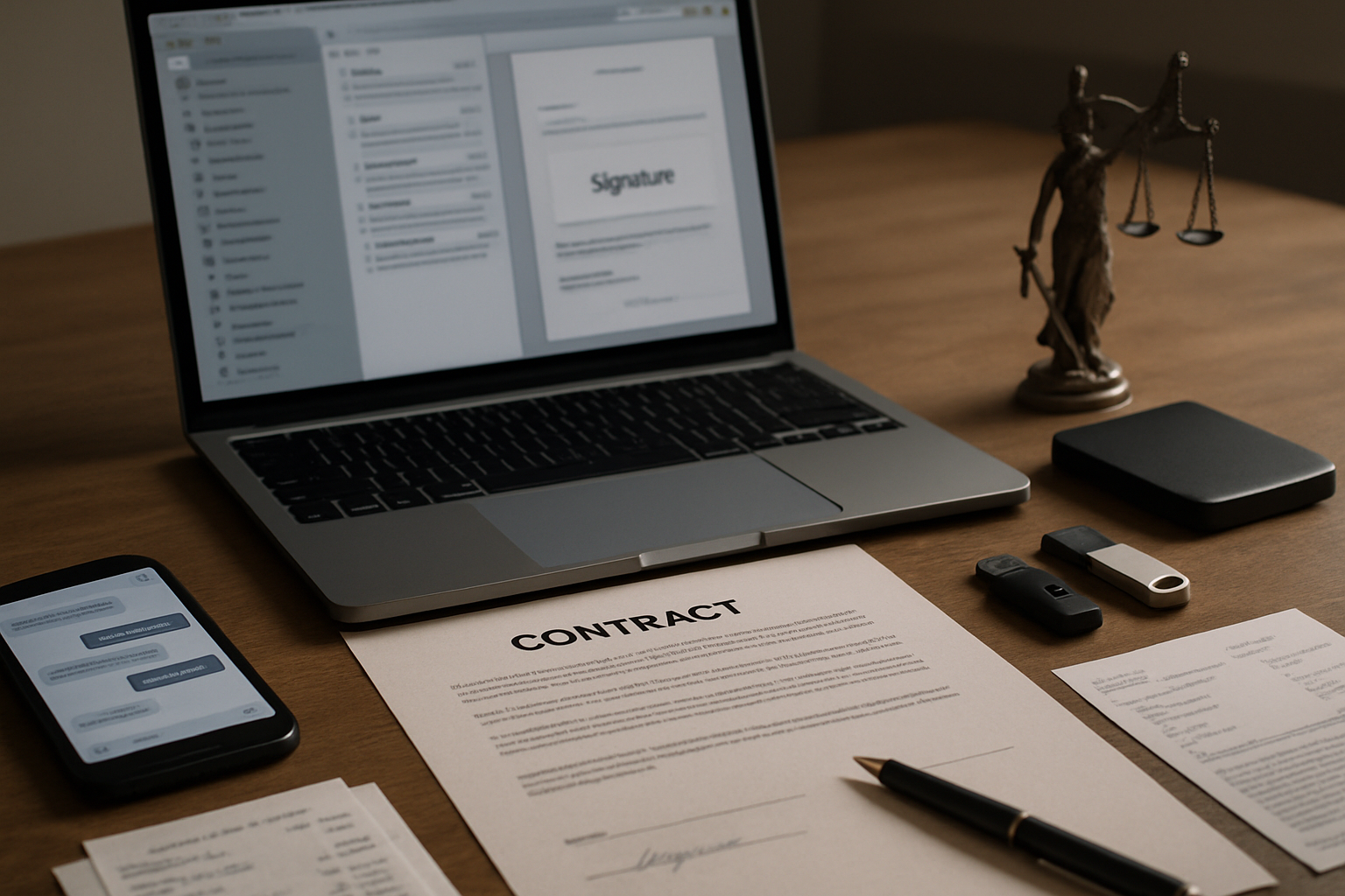 Fotorealistisk close-up af skrivebord uden mennesker: åben laptop med e-mailliste og e-signatur, kontrakt, USB-nøgle, harddisk, smartphone med SMS og tidstempel.