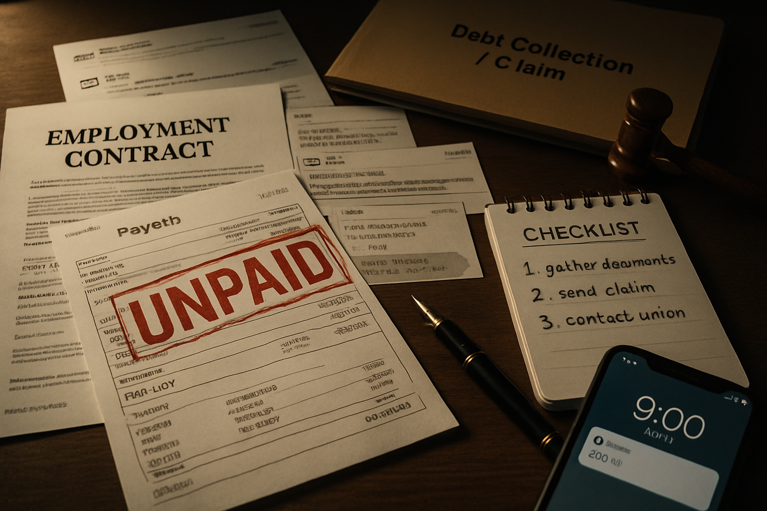 Fotorealistisk kontorbord med ansættelseskontrakt, lønsedler, e-mails og SMS-udskrifter, UDEBLEVET-stempel og kravnoter.