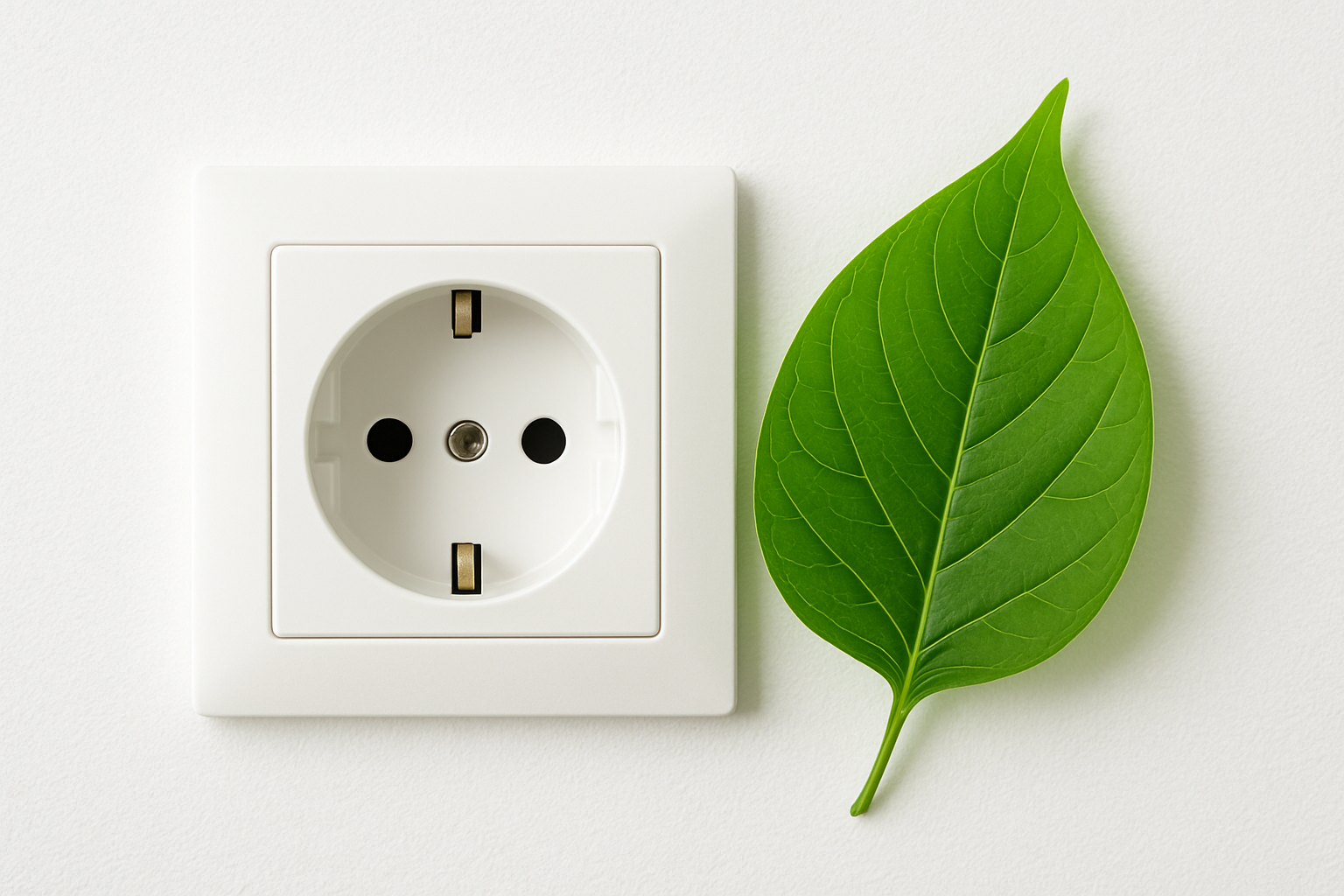 En stikkontakt med et grønt blad ved siden af, symboliserer ansvarligt energivalg.