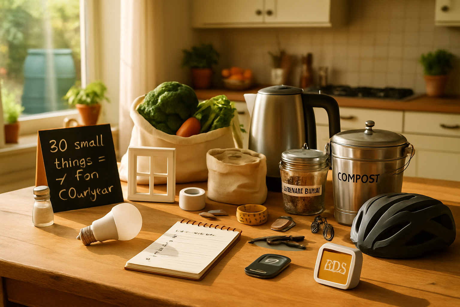 Soloplyst familiekøkken med solidt bord og genstande som symboliserer CO₂-tiltag, LED-pære i fokus ved notatblok.