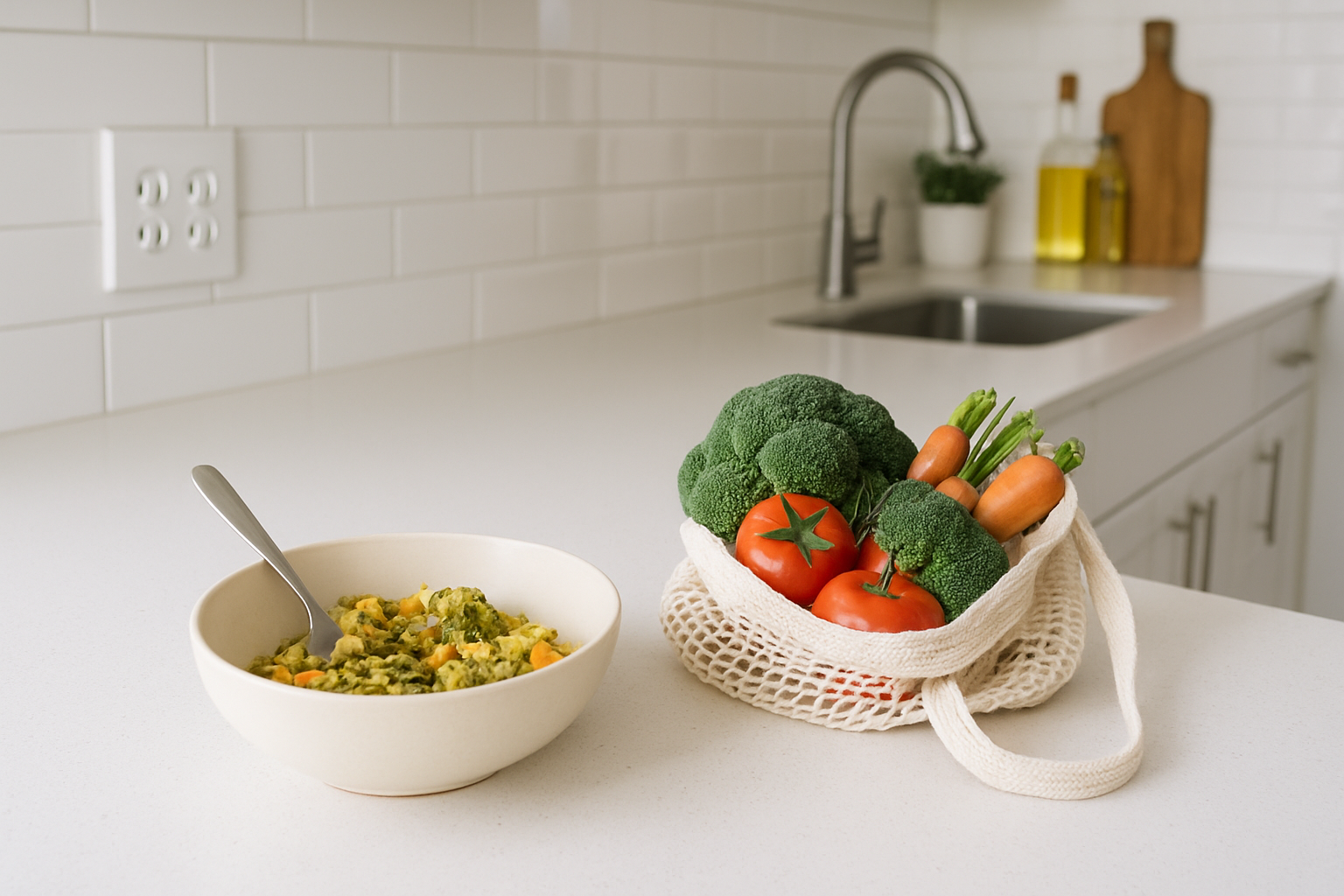 Et køkkenbord med en restemiddag, en stofpose med grøntsager og en slukket stikkontakt, der symboliserer klimahandlinger i hverdagen.