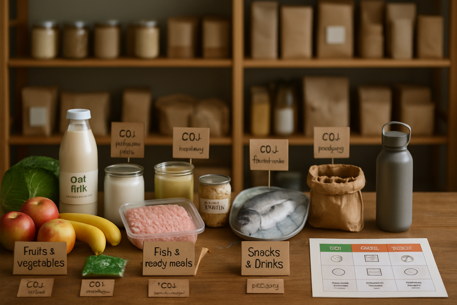 Billede af et rustikt træbord med ordnede klimavenlige dagligvarer i seks klynger, ikoner og labels, blødt dagslys uden mennesker.