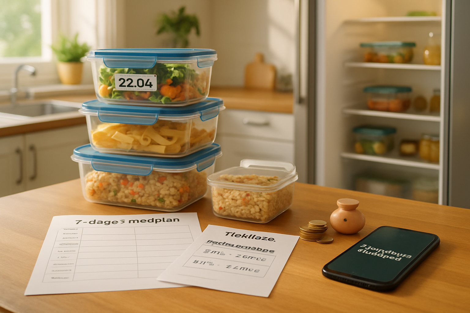 Sollys over køkkenbord med madbokse, madplan, portionsberegner og smartphone med #KlimalavbundMadspild; restekøleskab i baggrunden.