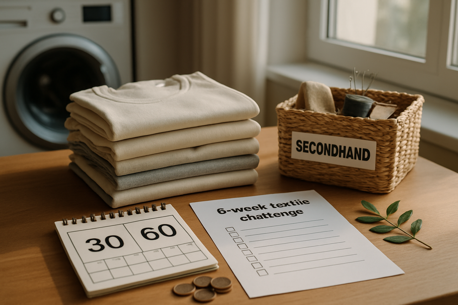 Fotorealistisk bord ved vindue med åben vaskemaskine, tekstilbunke, kurv med mærker, reparationssæt, kalender, tjekliste og mønter.