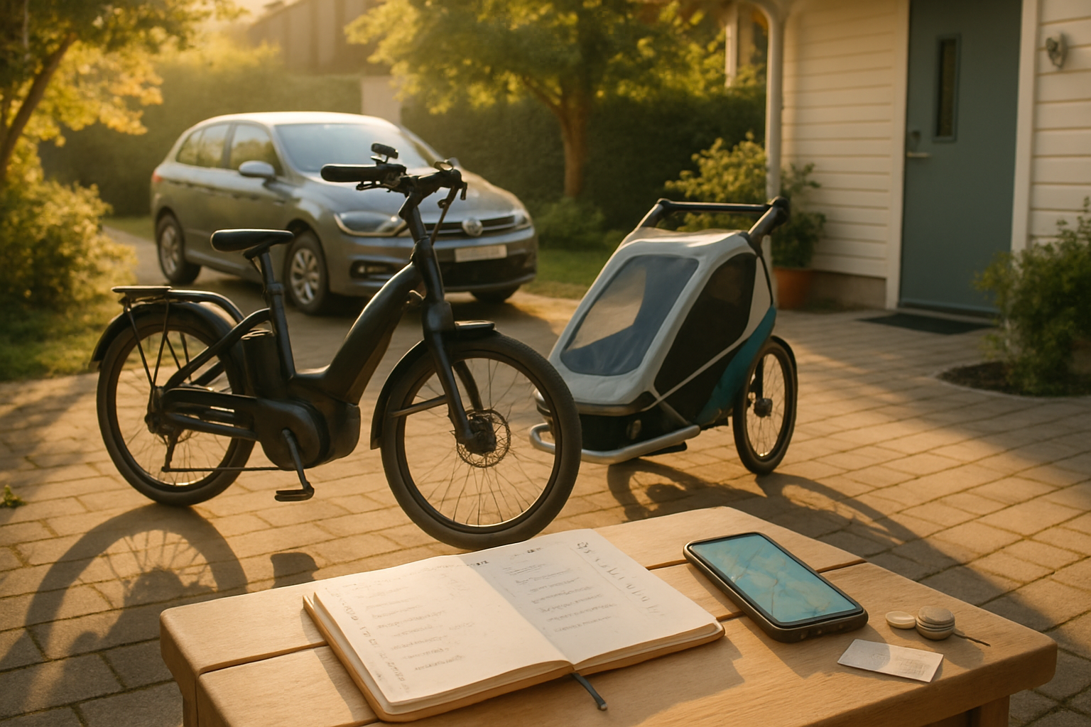 Billede af forhave ved morgenlys: bil i baggrunden, el-ladcykel med børneanhænger og cykel foran, åben ugeplan og mobil med ruteapp.