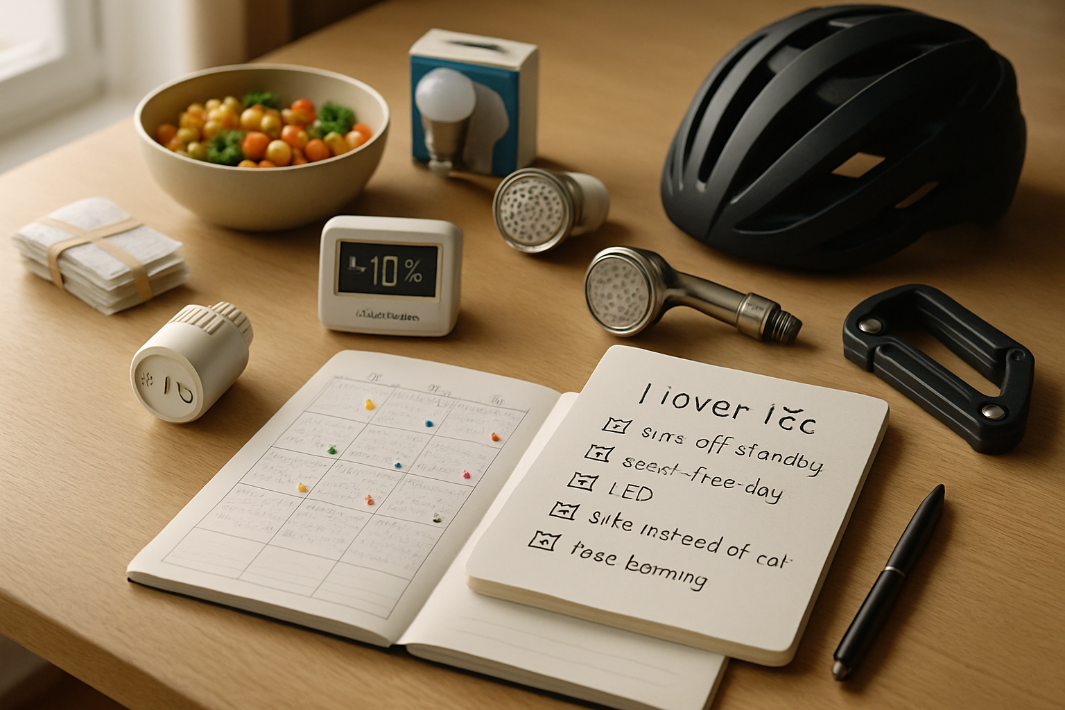 Nordisk stilbord viser plan for at spare 10% CO2: åben vægkalender, tjekliste, energimåler og cykeludstyr.