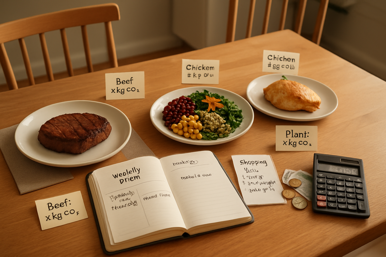 Fotorealistisk køkkenbord med tre tallerkener (okse, kylling, plante) ved åben notesbog, kødfri planer, indkøbsliste, lommeregner, mønter og klistermærker.