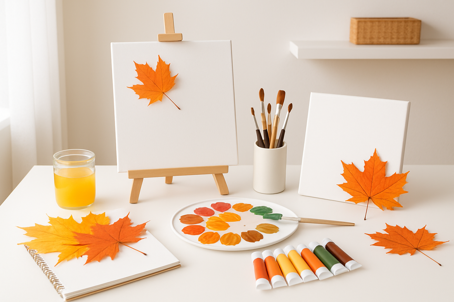 Billede af farverige kunstværker lavet i hjemmet, inspireret af efterårsferien.