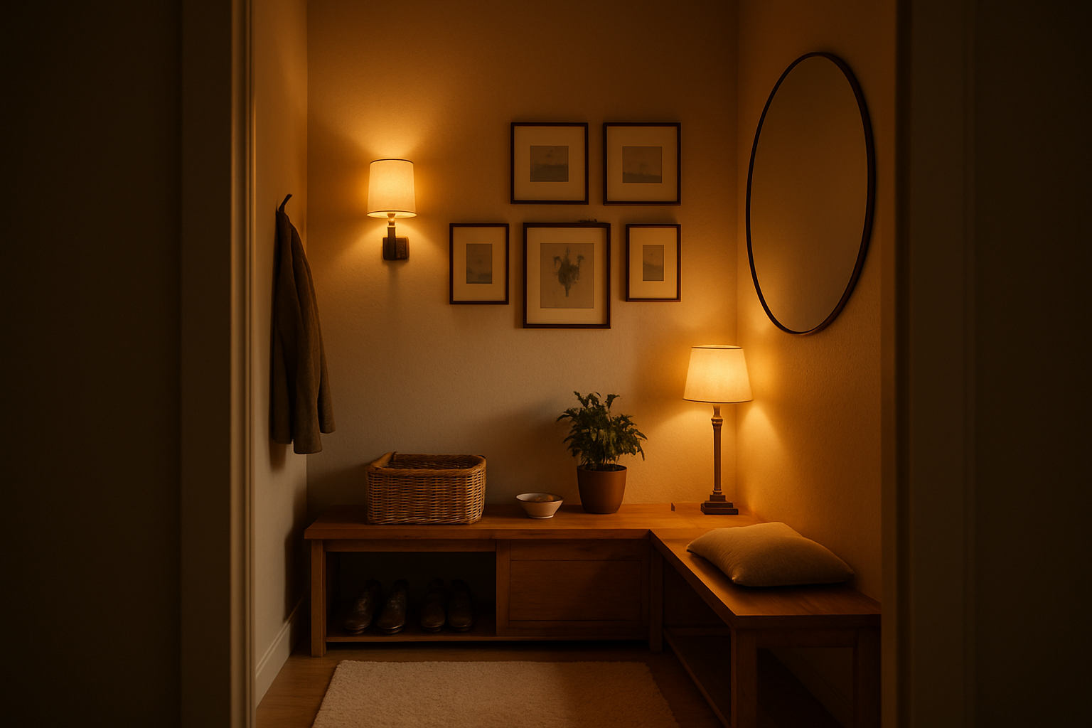 Fotorealistisk entré set fra døråbningen med varmt gyldent lys, spejl, bænk, kurv og nøgler.
