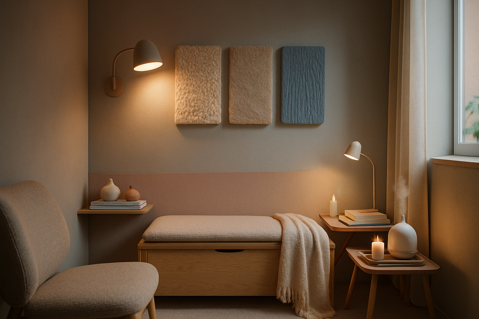 Foto af et lille roligt hjørne med lav træbænk i lyst træ, tre tekstilpaneler, hyggelig lænestol, skulpturer og bøger.