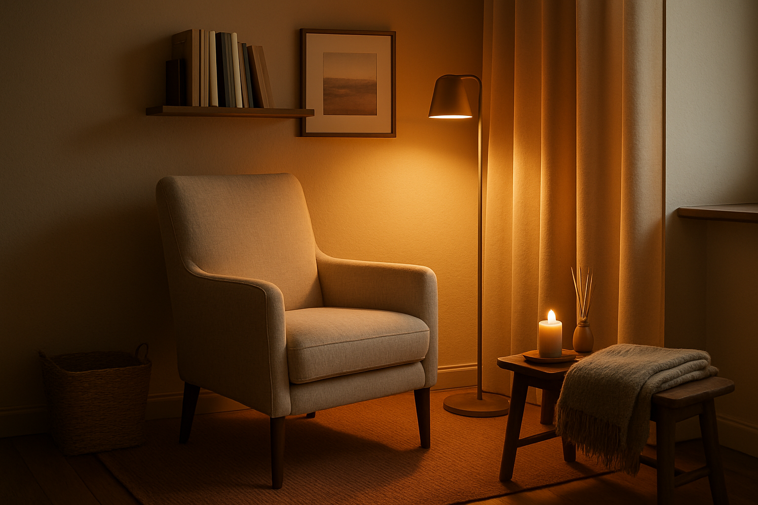 Fotorealistisk coverbillede af en rolig lille læsekrog i hjemmet med lænestol, tæppe, gulvlampe, boghylde og varme neutrale farver.