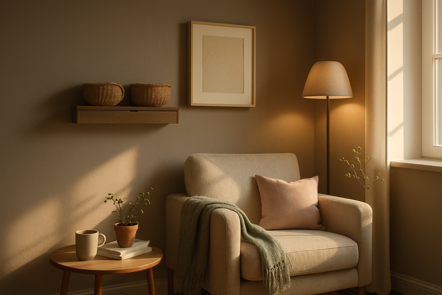 Fotorealistisk hjørne: mat muldvarpefarvet væg, lænestol, plaid, sidebord med kop, bøger, plante, væg-hylde, kunstværk, gulvlampe, varmt indirekte lys.