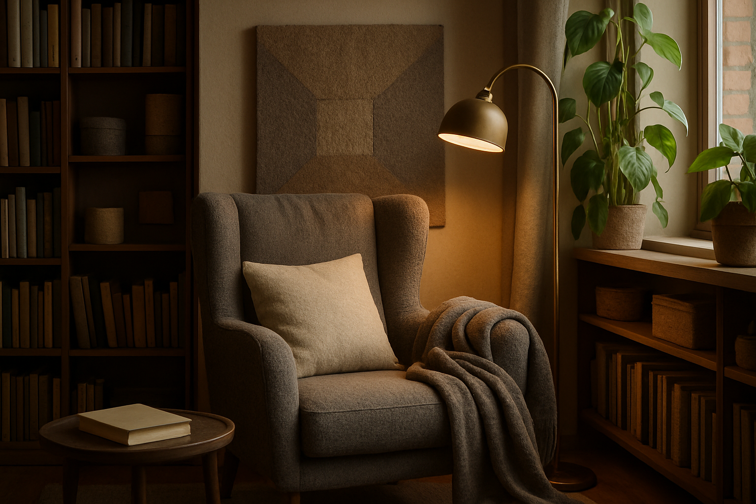 Fotorealistisk læsekrog med højrygget lænestol i uld, akustisk panel, tæppe, puder, grønne planter og sidebord med lukket bog, varmt gulvlys.