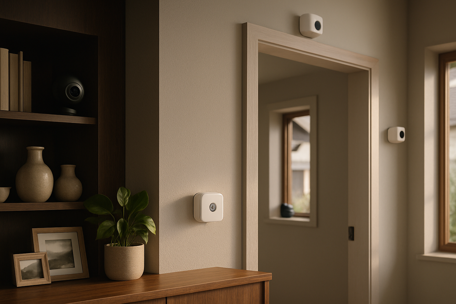 Fotorealistisk stue med varm nordisk farvepalet og skjulte kameraer i mørkt træ, vægge og hylder.