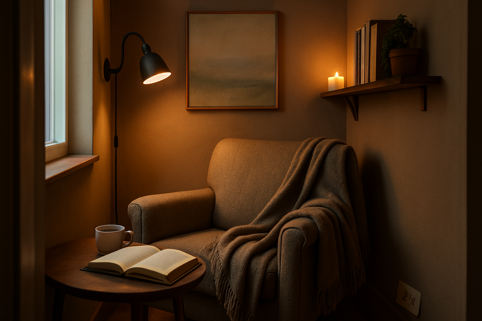 Realistisk højtopløst billede af en indbydende 2 m² læsekrog med lænestol, tæppe, bord, bog, kaffe og vindueslys