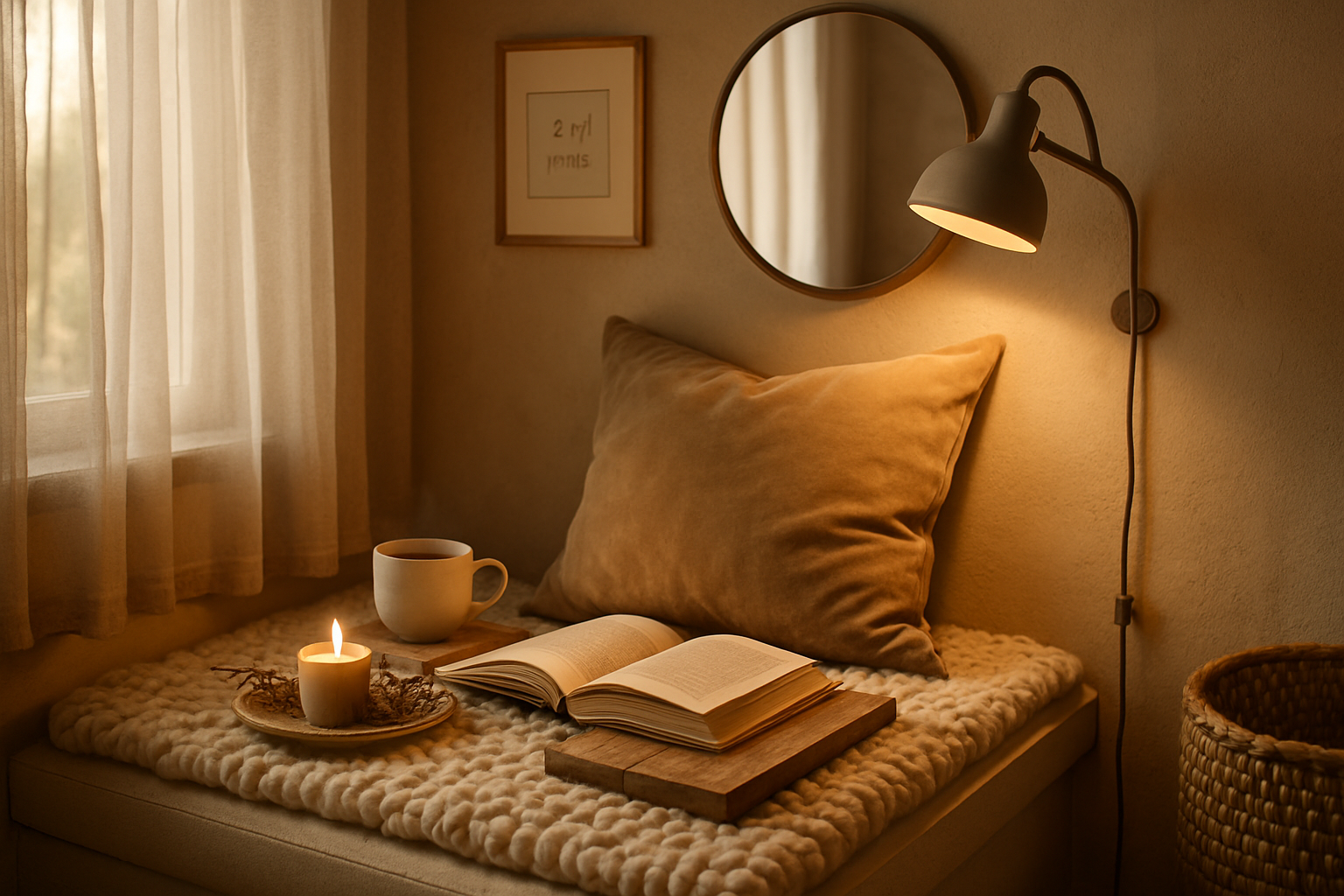 Nærbillede af en hjemmekrog: uldtæppe, sandfarvet pude på bænk, træsidebord med te og åben bog, brændende lys og lavendel.