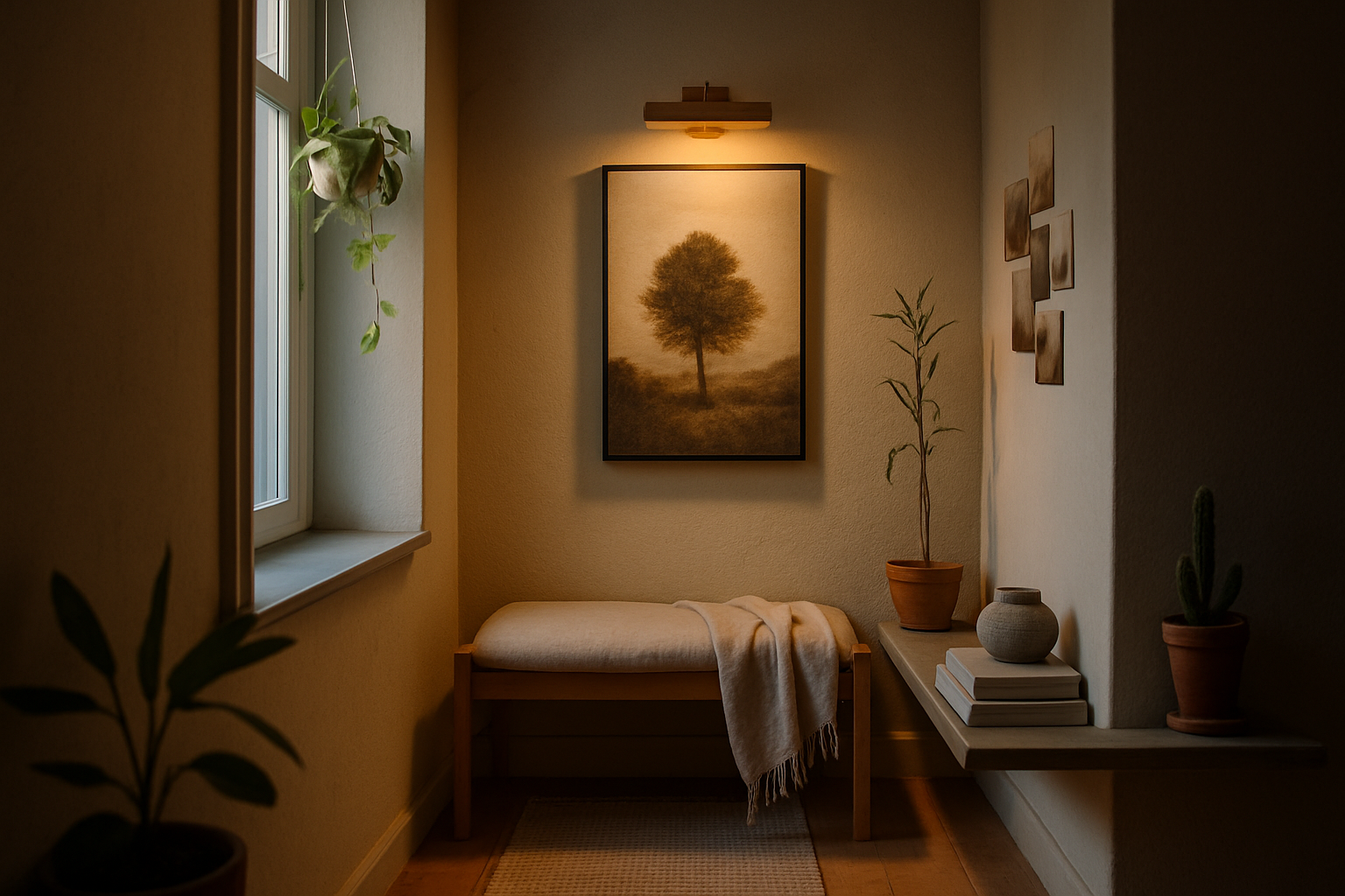 Realistisk foto af et intimt kunsthjørne i en lille lejlighed; højformat kunstprint i tynd sort ramme ved morgenlys