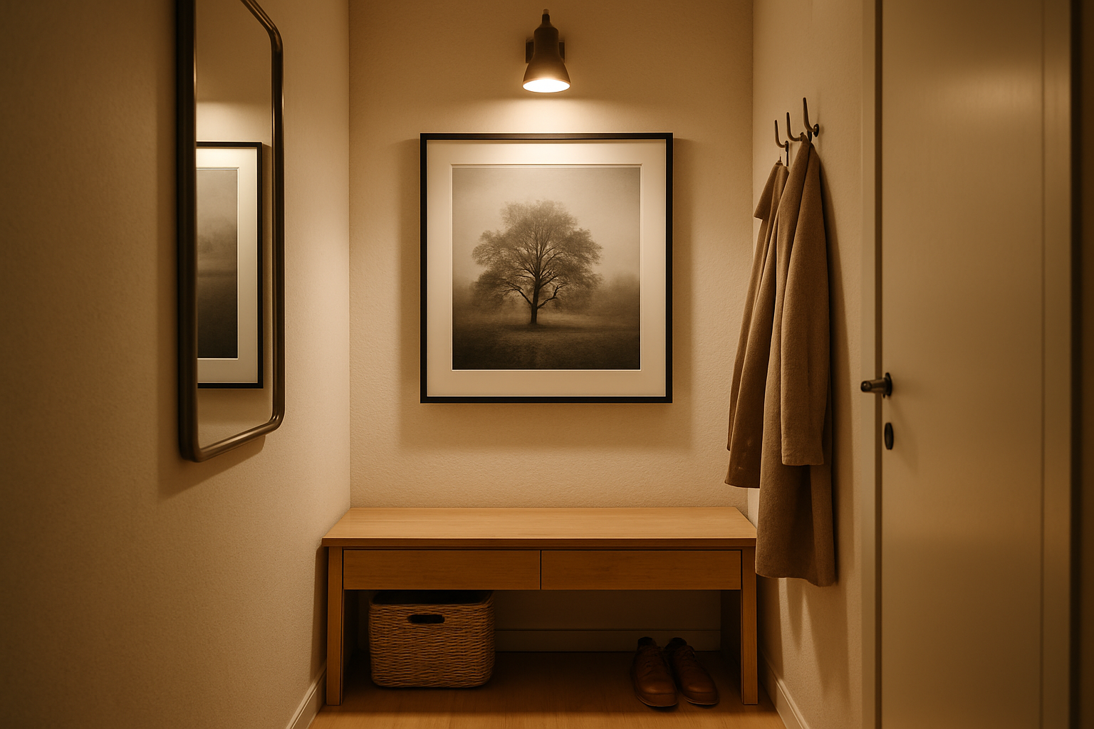 Fotorealistisk entrébillede: centralt stort sort-hvidt værk i øjenhøjde på varm væg, med spejl, bænk og jakker.
