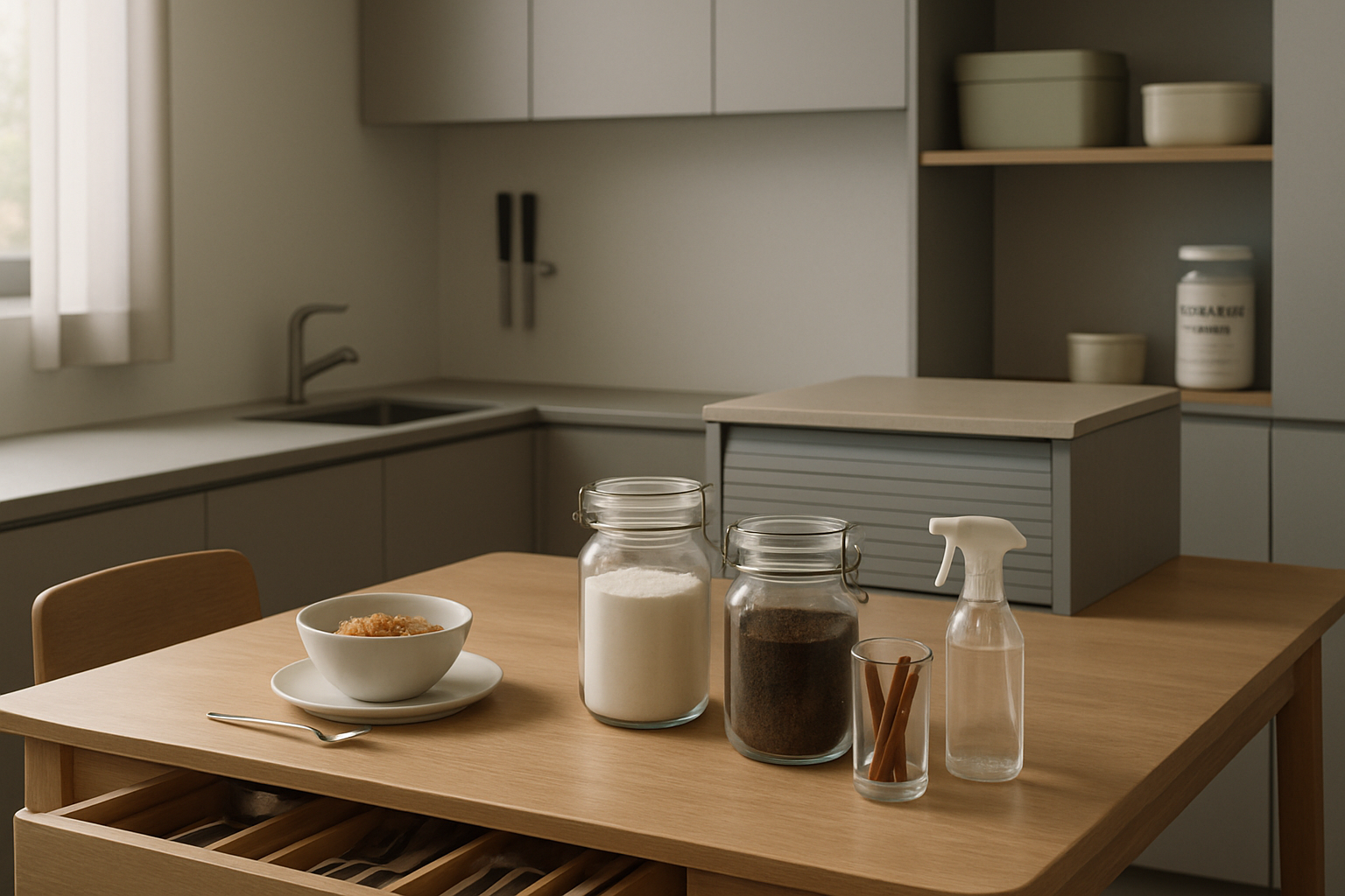 Fotorealistisk roligt køkken-til-spisestue i varmt træ, glasbeholdere til mel og kaffe, diatoméjord, eddikeflaske og kanelstænger, morgenlys fra venstre gennem rullelåge.