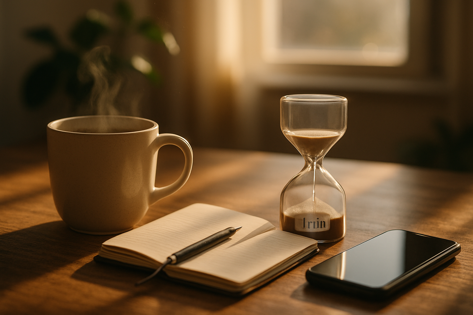 Stille skrivebordsscene med kaffe til venstre, notesbog, timeglas, sticker med '1 min', telefon ned, varmt lys og plante i baggrunden.