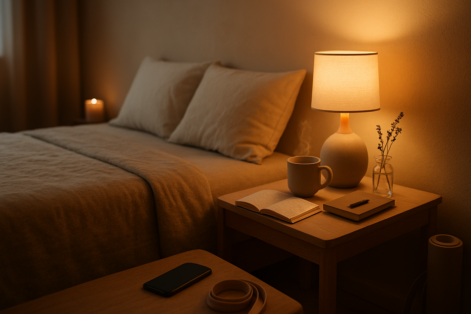 Fotorealistisk soveværelse i aftenlys med seng, natbord, åben bog, keramisk kop, lavendel, lille glasflaske, lukket notesbog og smartphone i forgrunden.