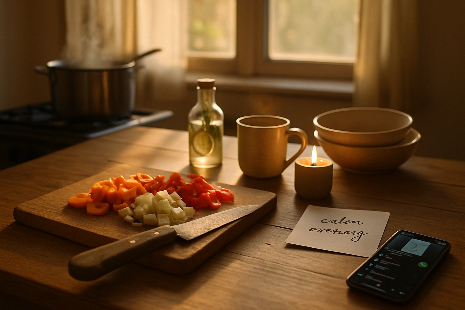 Fotorealistisk, varmt sollys på køkkenbordet: skærebræt med grøntsager, rustik kniv, dampende gryde, duftglas, lys, note 'rolig aften', smartphone og te.