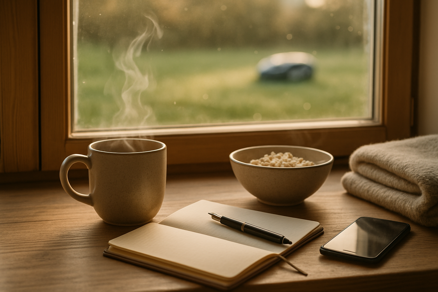 Fotorealistisk morgenbillede: dampende keramikkop på vindueskarm, notesbog og penn, grød og tæppe; robotklipper udenfor vinduet, blød bokeh.