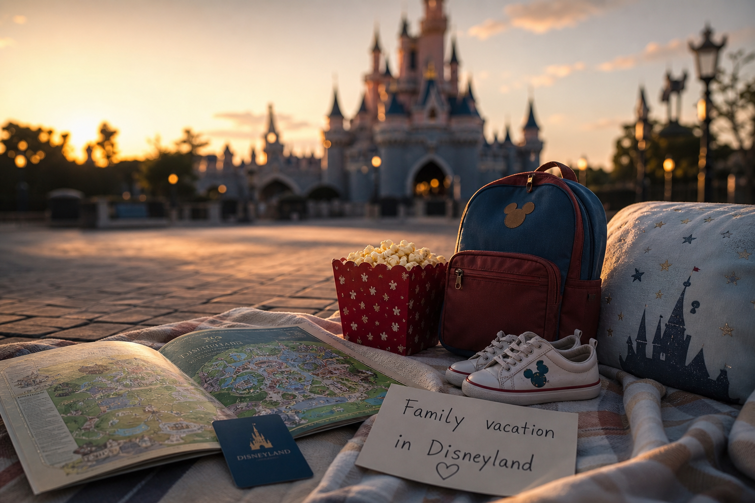 Fotorealistisk billede af tom forgrund med picnic-tæppe, åben parkmappe og børnegenstande foran Sleeping Beauty-slottet ved gylden time.