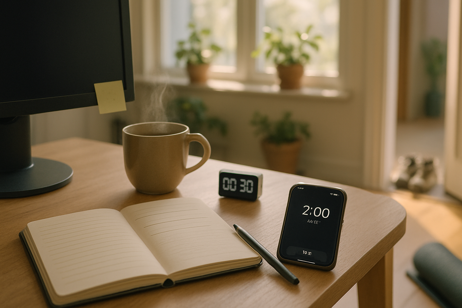 Fotorealistisk arbejdsbord i sollys med åben notesbog, kuglepen, tidtagningsur, smartphone, te, post-its, vindue og planter.