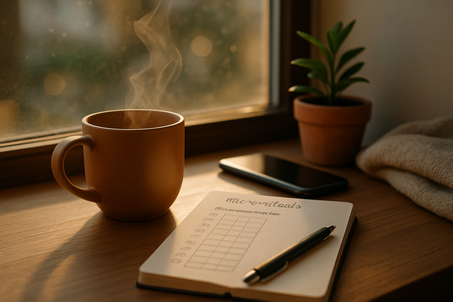 Fotorealistisk bordscene ved vindue med keramikkop, damp, notesbog med mikroritualer, kuglepen diagonalt, smartphone ned, grøn potte og tæppe i morgenlys.