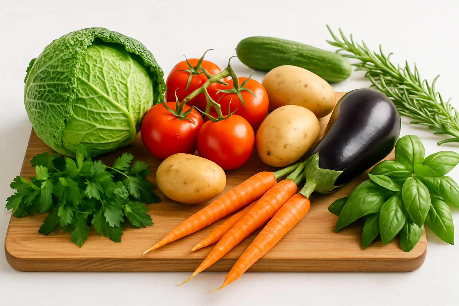 En illustration af friske lokale råvarer som grøntsager og frugter, der præsenteres på et bord.