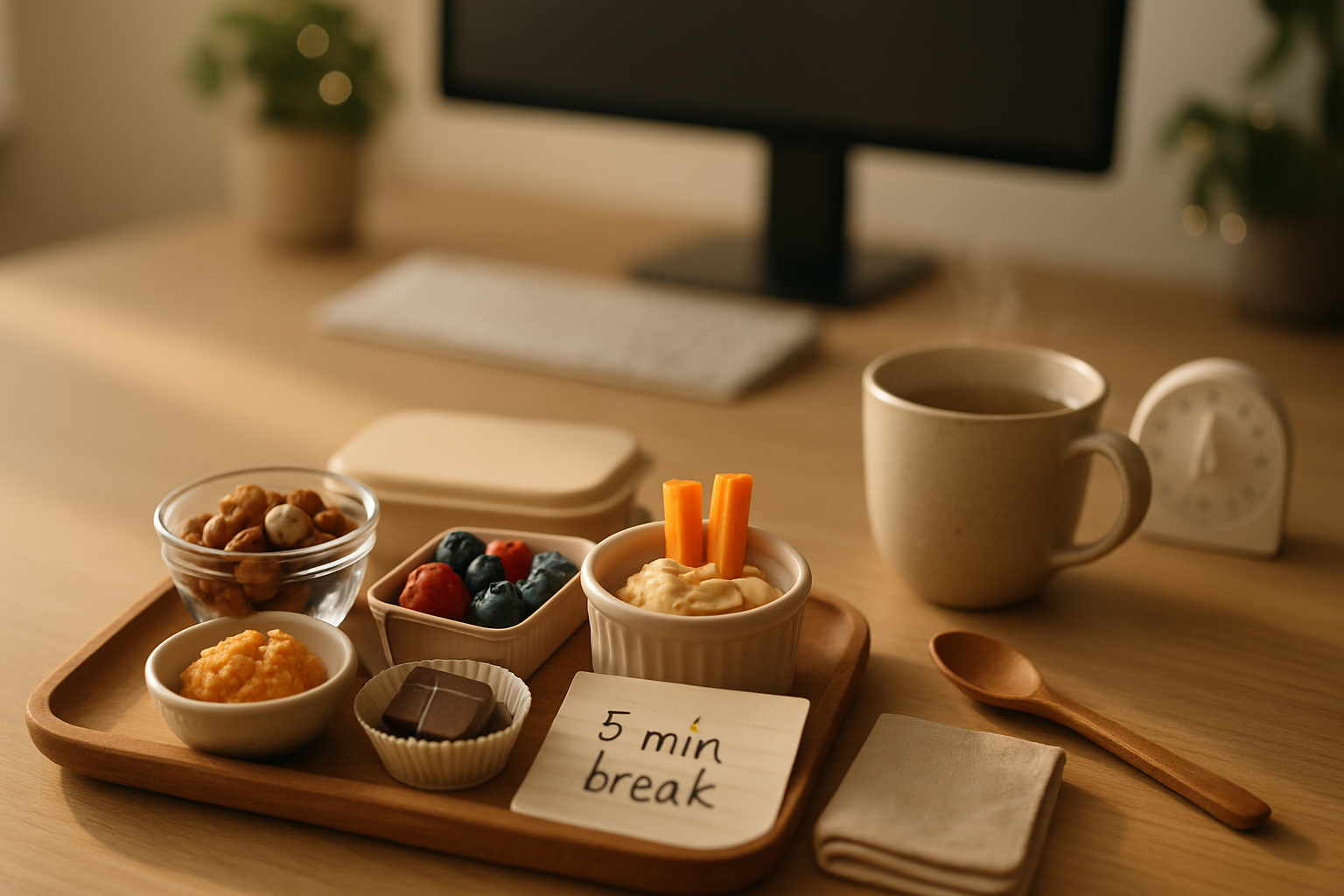 Fotorealistisk kontorbord i morgenlys med træbakke af snacks: nødder, tørret frugt, chokolade, bær, hummus, gulerodsstave, æblebid og '5 min pause'.