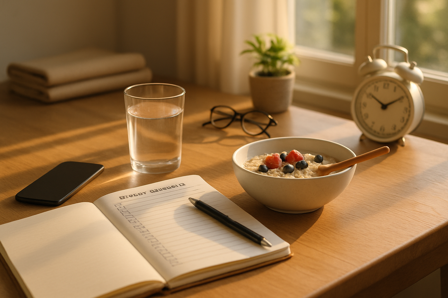 Billede af køkkenbord ved vindue i varmt lys med notesbog 30-dages tjekliste, havregryn, glas vand, briller, sort pen, smartphone ned.
