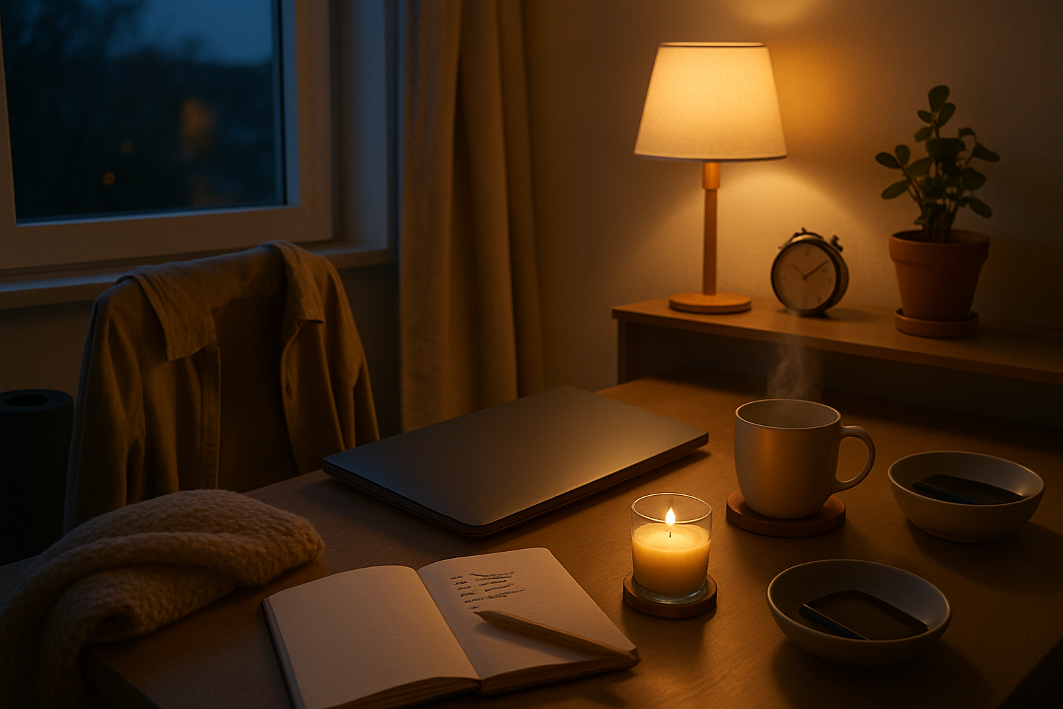Lukket laptop på ryddet skrivebord ved vindue, tjekliste i notesbog, te, duftlys, telefon ned, tæppe og jakke, yoga-måtte, skumring.
