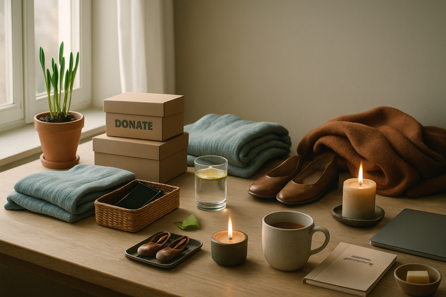 Fotorealistisk bord ved vindue opdelt i fire sæsoner: forår potte, sommer tæppe og smartphone, efterår sko, vinter te og notesbog.