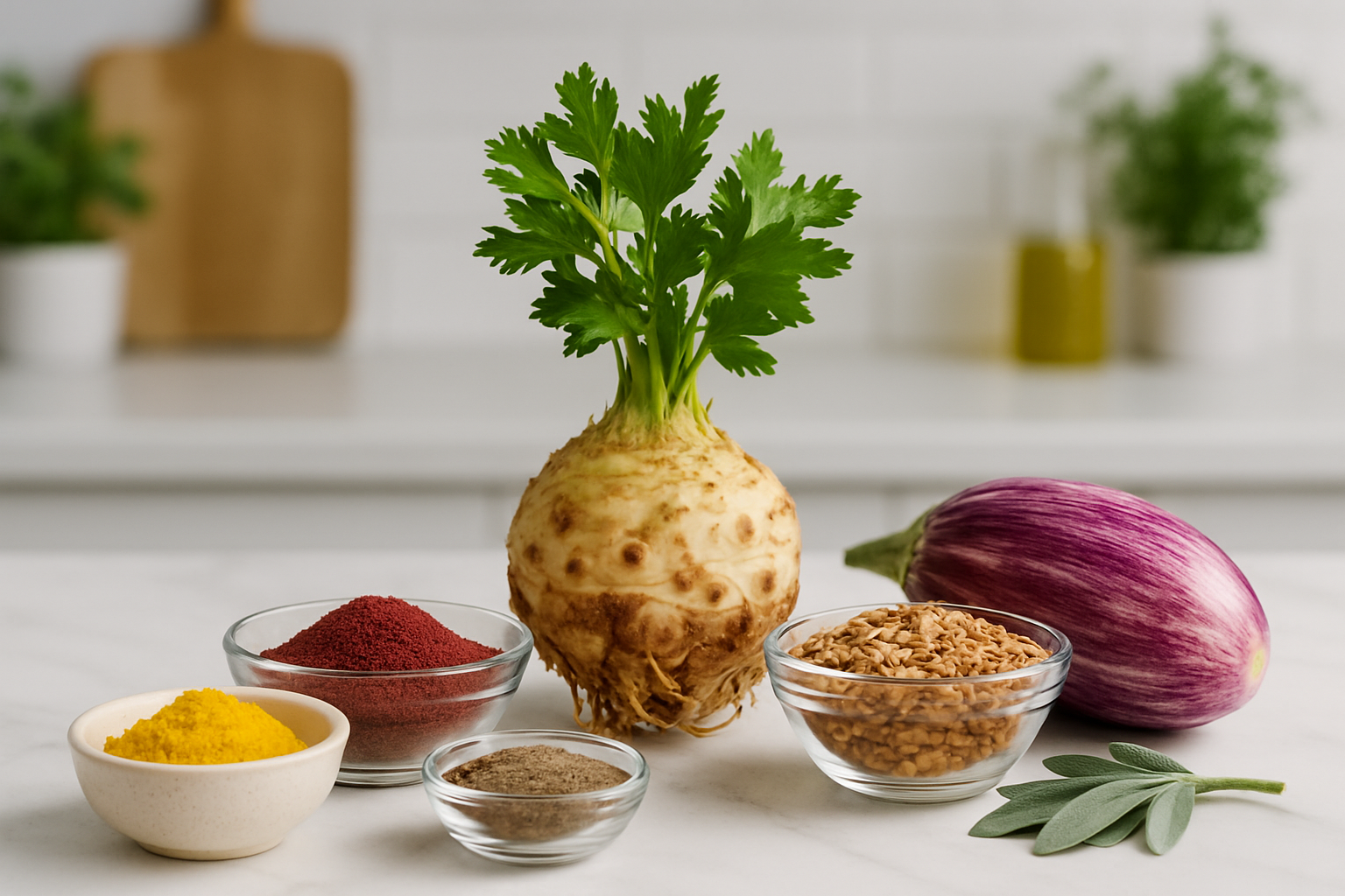 Billede af fem undervurderede ingredienser til madlavning, herunder krydderier og grøntsager.